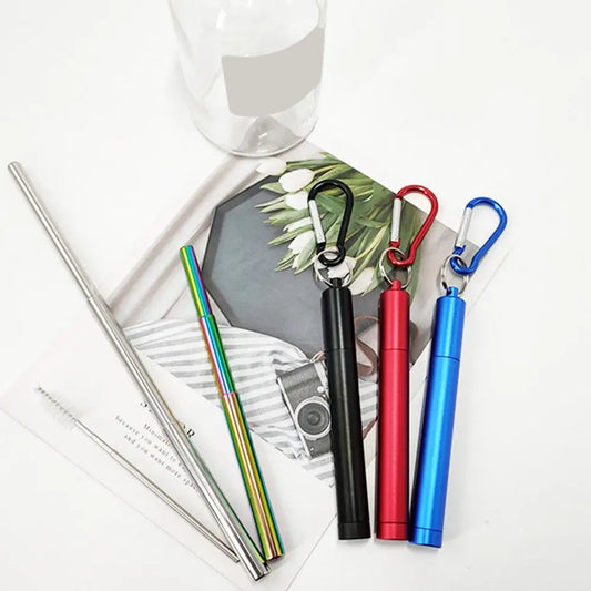 1 Set Reusable Telescopic Straw Set Portable Stainless Steel Easy To Clean Straw With Carry Case